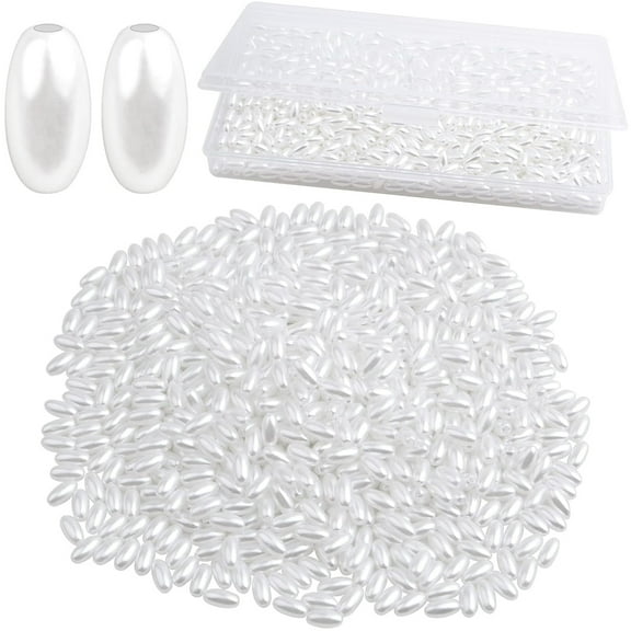 1000pcs White Long Pearl Beads Smooth Ball Imitation Pearl Beads Plastic Oval Rice Shape Spacer Beads with a Plastic Box for DIY Bracelets Jewelry Making Craft Decoration