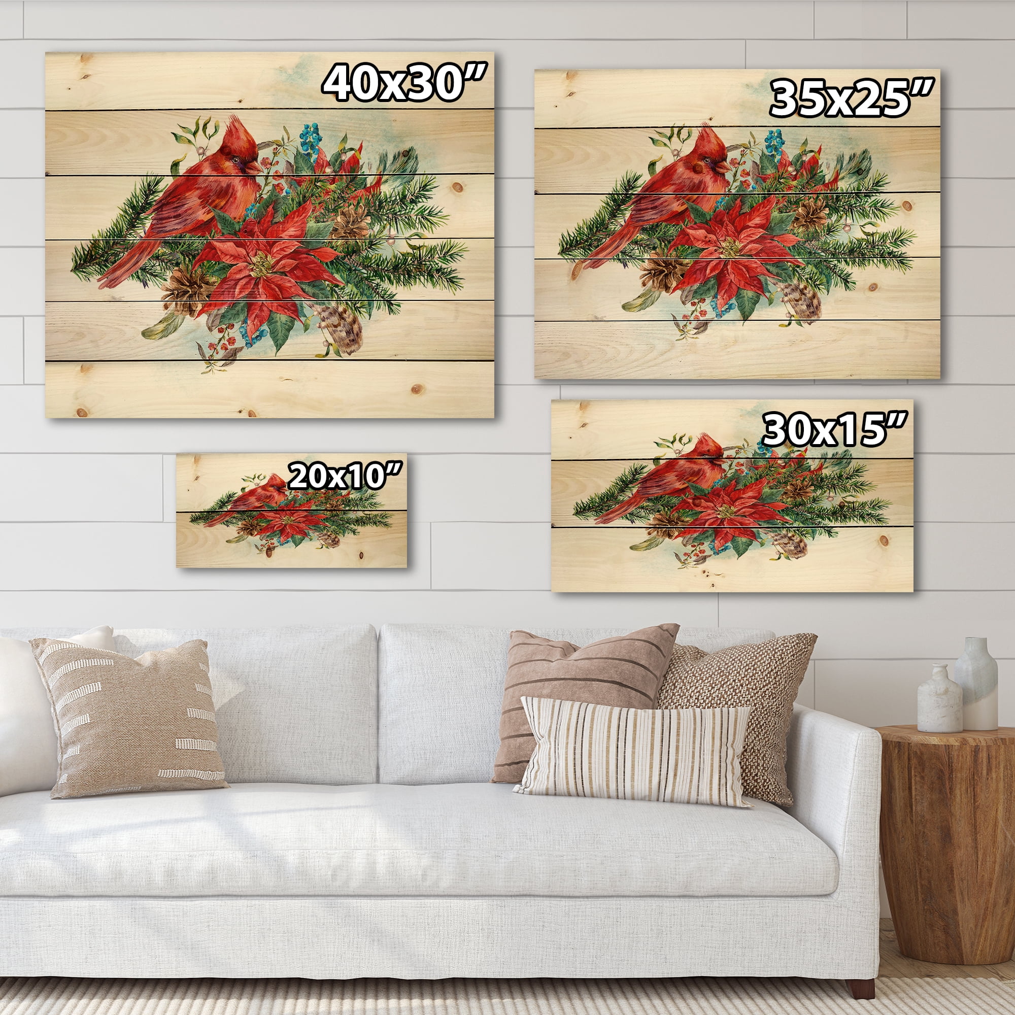 Designart 'Christmas Red Cardinal Bird and Poinsettia' Traditional Print on Natural Pine Wood