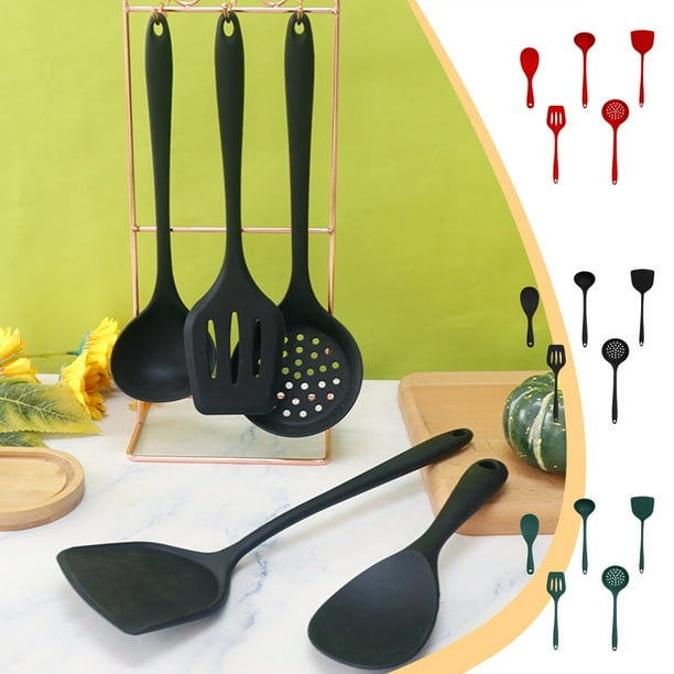 Juego De Cuchara Y Espátula Con Mango De Nailon Juego de utensilios de cocina de silicona de 1 pieza: espátula,cuchara,cucharón y colador. Herramientas de cocina resistentes al calor (negro). Rkxzt