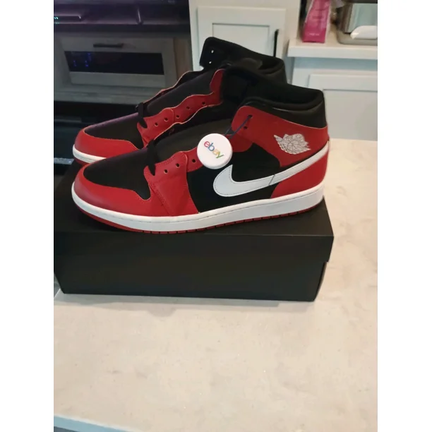 N I-K-E A i r-Jor-dan 1 Mid Bred Black Red White Basketball Sneakers
