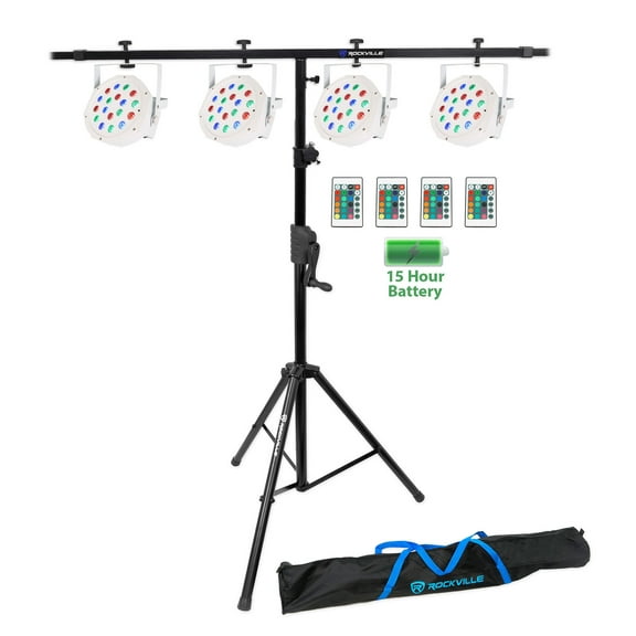 4 Rockville BATTERY PAR 50 White Rechargeable LED DMX DJ Wash Lights Crank Stand