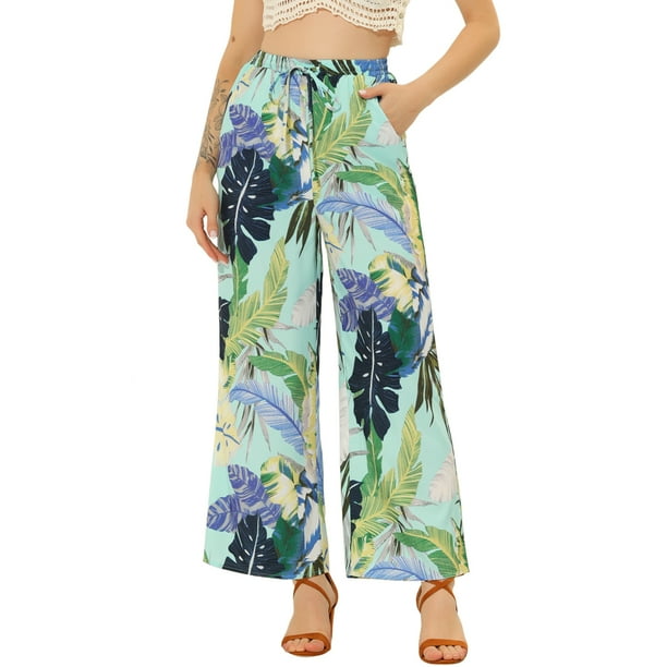 INSPIRE CHIC Pantalones de pierna ancha tropical informal con cintura con cordón floral Palazzo para mujer con bolsillos Cian XS
