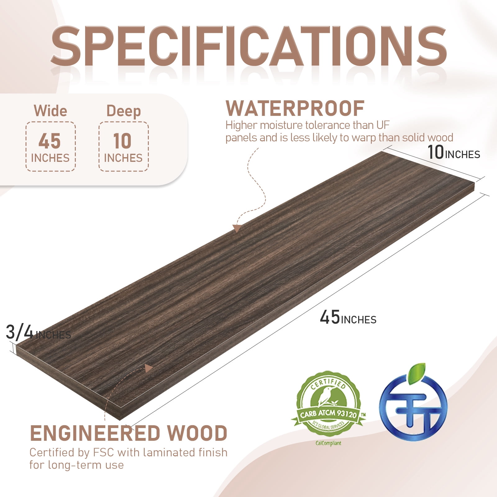 Kaboon 45inch Floating Shelves for Wall 10" D x 45" W Set of 2, Eucalyptus