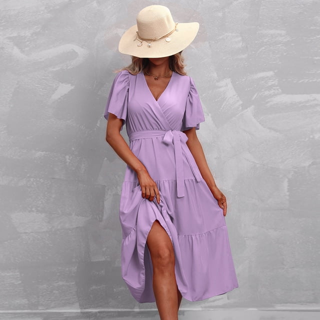 Gspmoly Robes d'Été pour Femmes, Robe Décontractée pour Femmes avec Poches, Robe d'Été à Imprimé Floral, Mini-Robe à Col en V, Robes de Travail pour Femmes, Liquidation