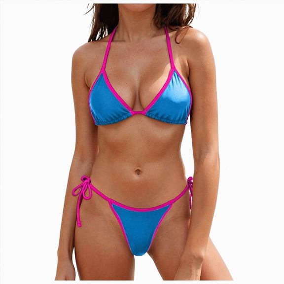 KPOPLK Bathing Suits for Women 2 Piece Bikini Set Print Halter Neck High Waisted Swimsuit Summer Swimwear for Beach(M,Sky Blue)