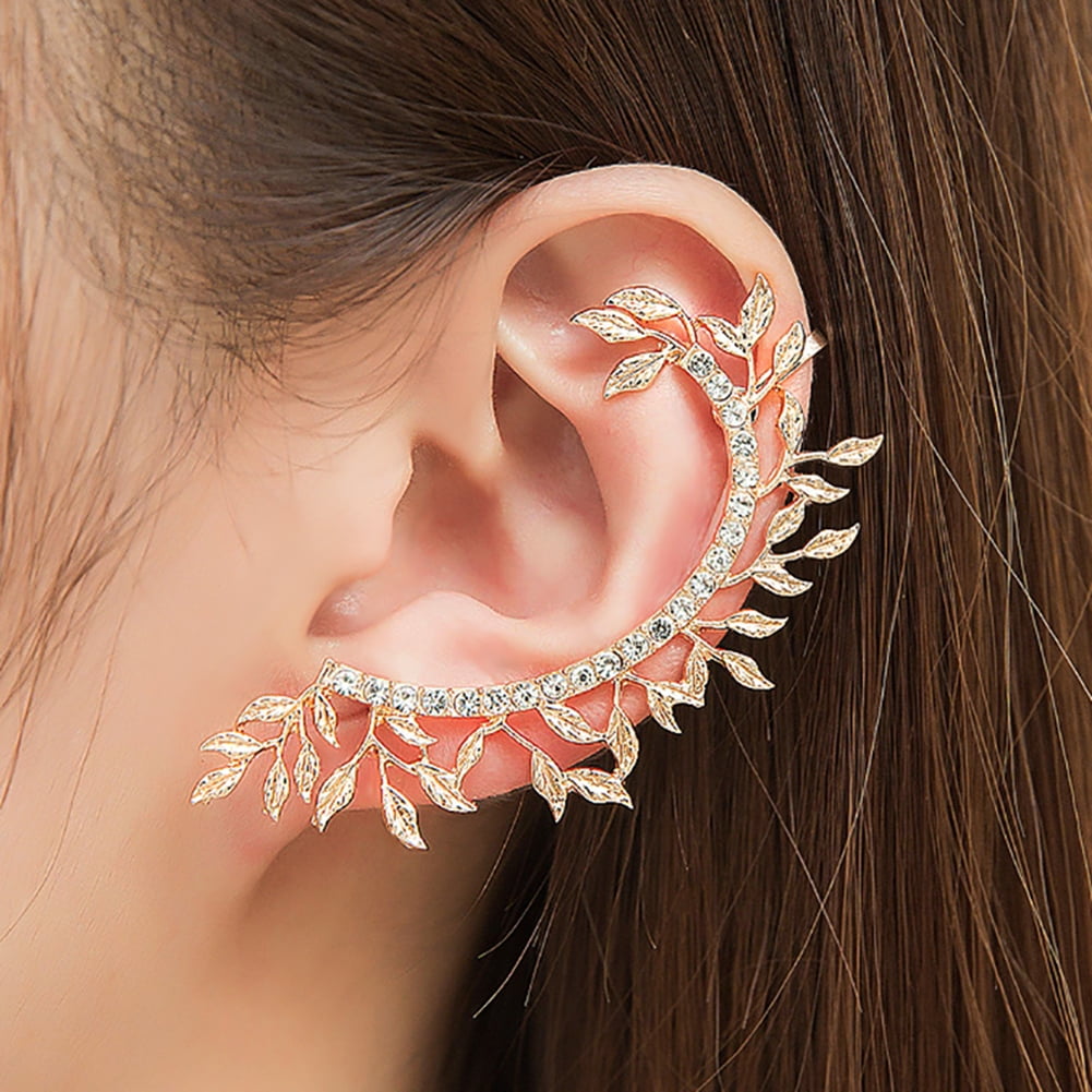 Rkjia 1Pc Vintage Leaf Curved Full Rhinestone Ear Cuff Women Clip On  Earrings Jewelry