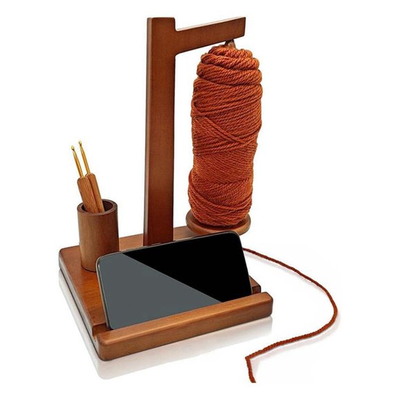 Wooden Yarn Holder Phone Stand, with Magnetic Spool Rack Brown