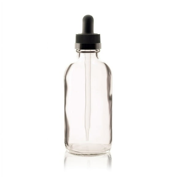 4 oz CLEAR Boston Round Glass Bottle w/ Black Child Resistant Dropper - pack of 4