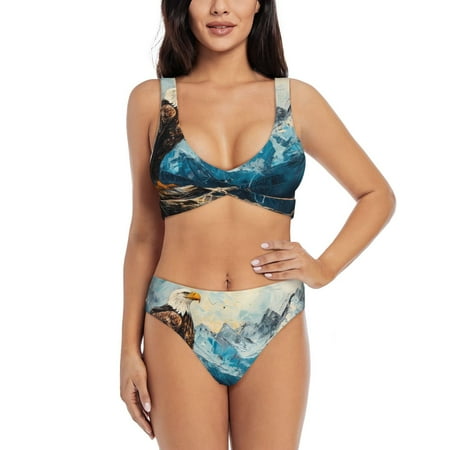 Zeuib Iceberg Bald Eagle High Waisted Tummy Control Bikini Set - Knot Front Push Up Top & Cheeky Thong Bottom  Two-Piece Swimsuit for Women-Large