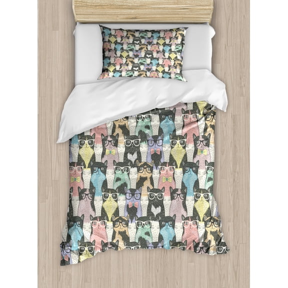 Funny Cartoon Duvet Cover Set Twin Size, Playful Hipster Cats With Glasses Colorful Clip Art Dotted Designed Print, Decorative 2 Piece Bedding Set with 1 Pillow Sham, Multicolor, by Ambesonne