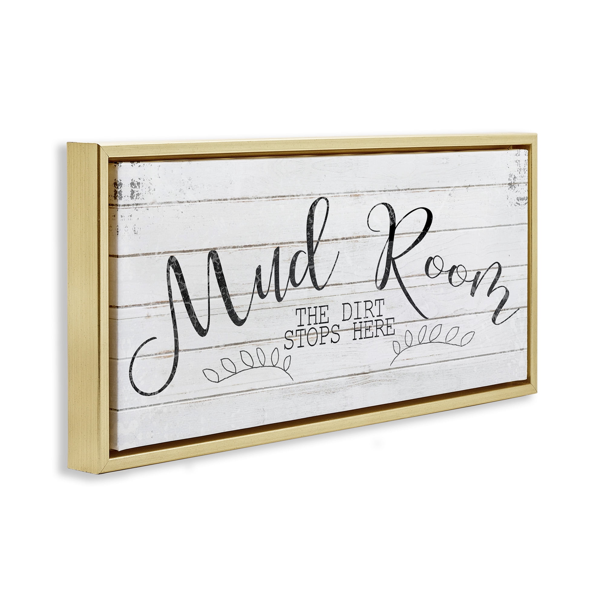 Stupell Industries Mud Room Dirt Stops Here Typography Painting Gold Floater Framed Canvas Art Print Wall Art, 31 x 14