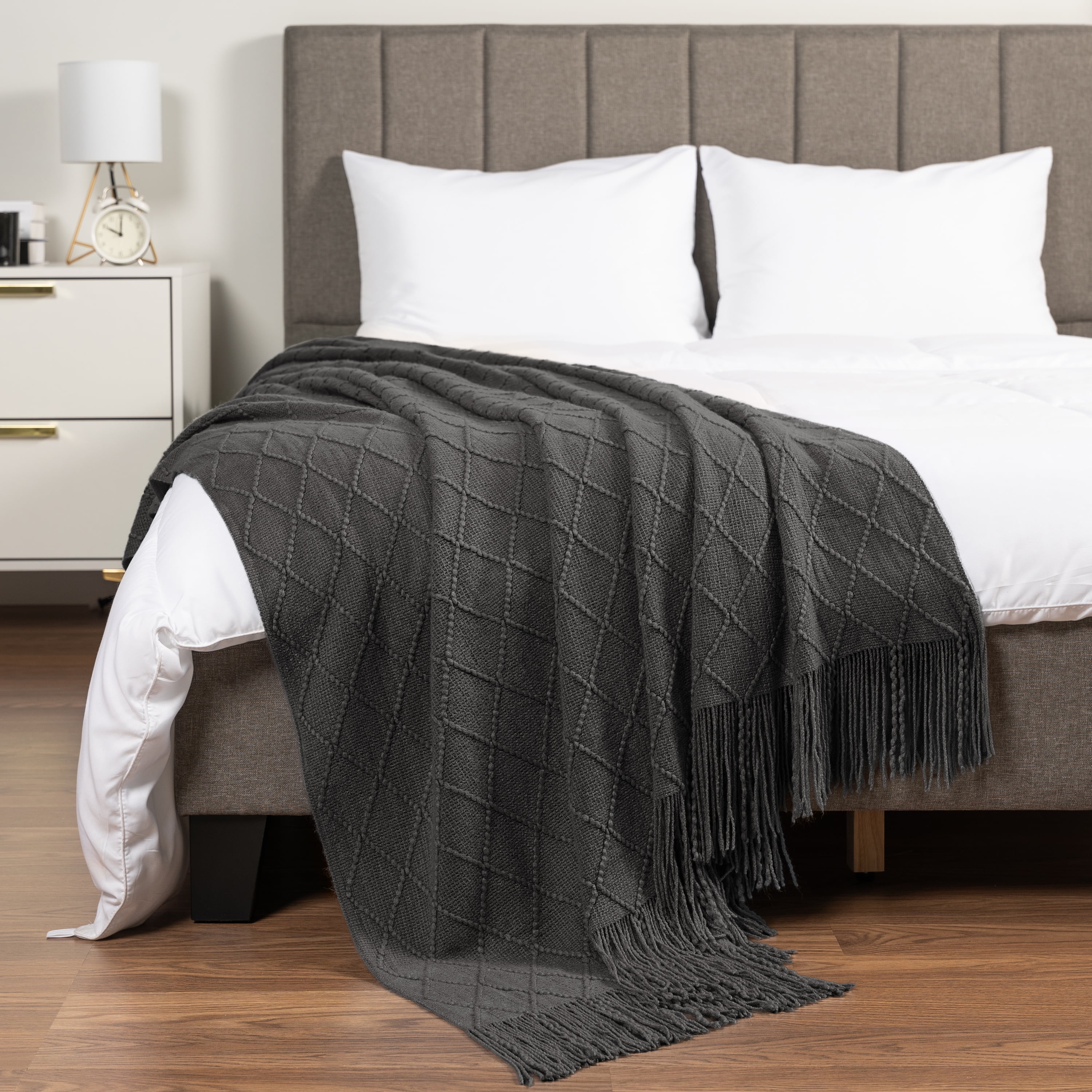 PAVILIA Dark Gray Knit Throw Blanket for Couch, Twin Bed, Soft Knitted Farmhouse Sofa Throw for Living Room, Lightweight Decorative Summer Blanket for Chair, Outdoor Textured Boho Blanket, 60x80