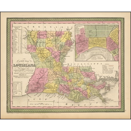 New Orleans Canal Street - LAMINATED POSTER A New Map Of Louisiana with its Canals, Roads, Distances from Place to Place, along the Stage & Steam Boat Routes . . .Large inset of New Orleans POSTER PRINT 24 x 36