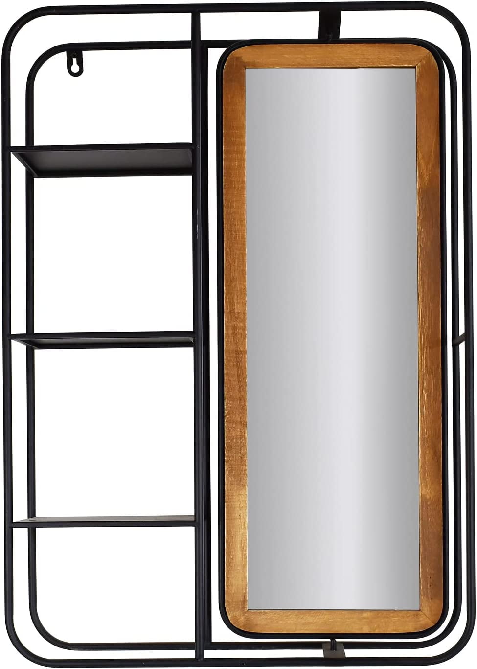 Wood Wall Mirror with Metal Shelves, Decorative Wall Mounted Hanging Mirror and Shelf Bathroom ...