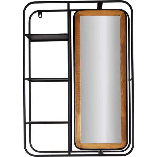 Wood Wall Mirror with Metal Shelves, Decorative Wall Mounted Hanging ...
