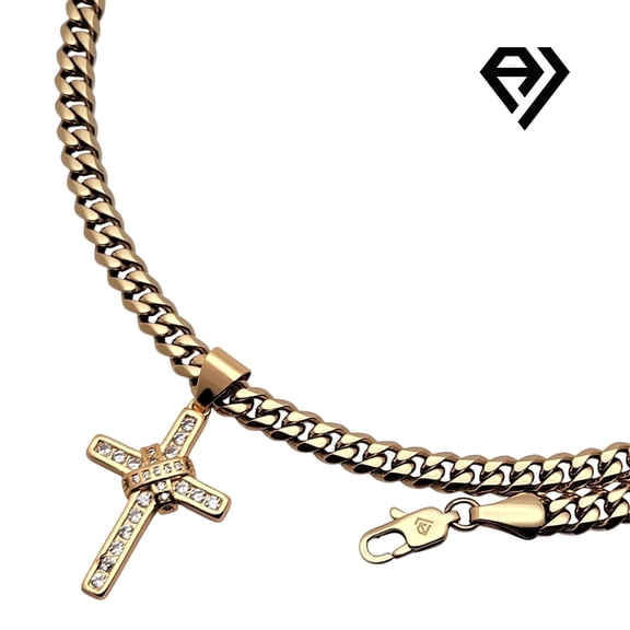 14K Gold Cuban Chain with Tied Cross Pendent, Unisex Christmas Gift for Women, Men, Boyfriend, Girlfriend, Mother, Father, Her, Him, 6mm Gold Necklace, Waterproof by Aria Jeweler