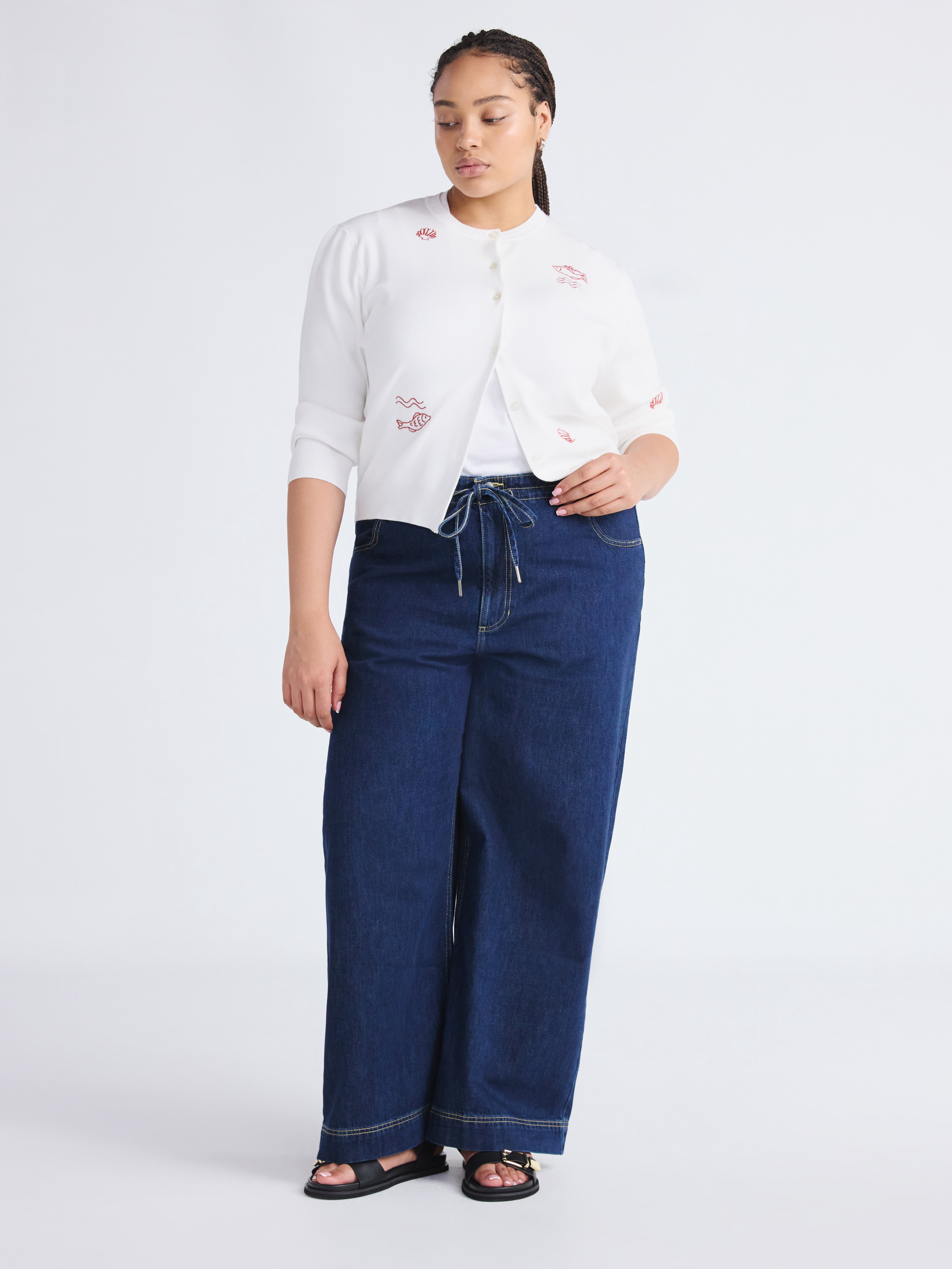 Free Assembly Women's Loose Fitting Wide Leg Jeans with Adjustable Tie Waist, 32" Inseam, Sizes 0-26