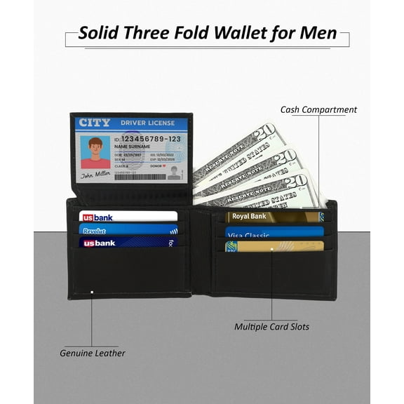 Genuine Leather Minimalist Bifold Wallets For Men RFID Blocking Slim Mens Wallet, Black