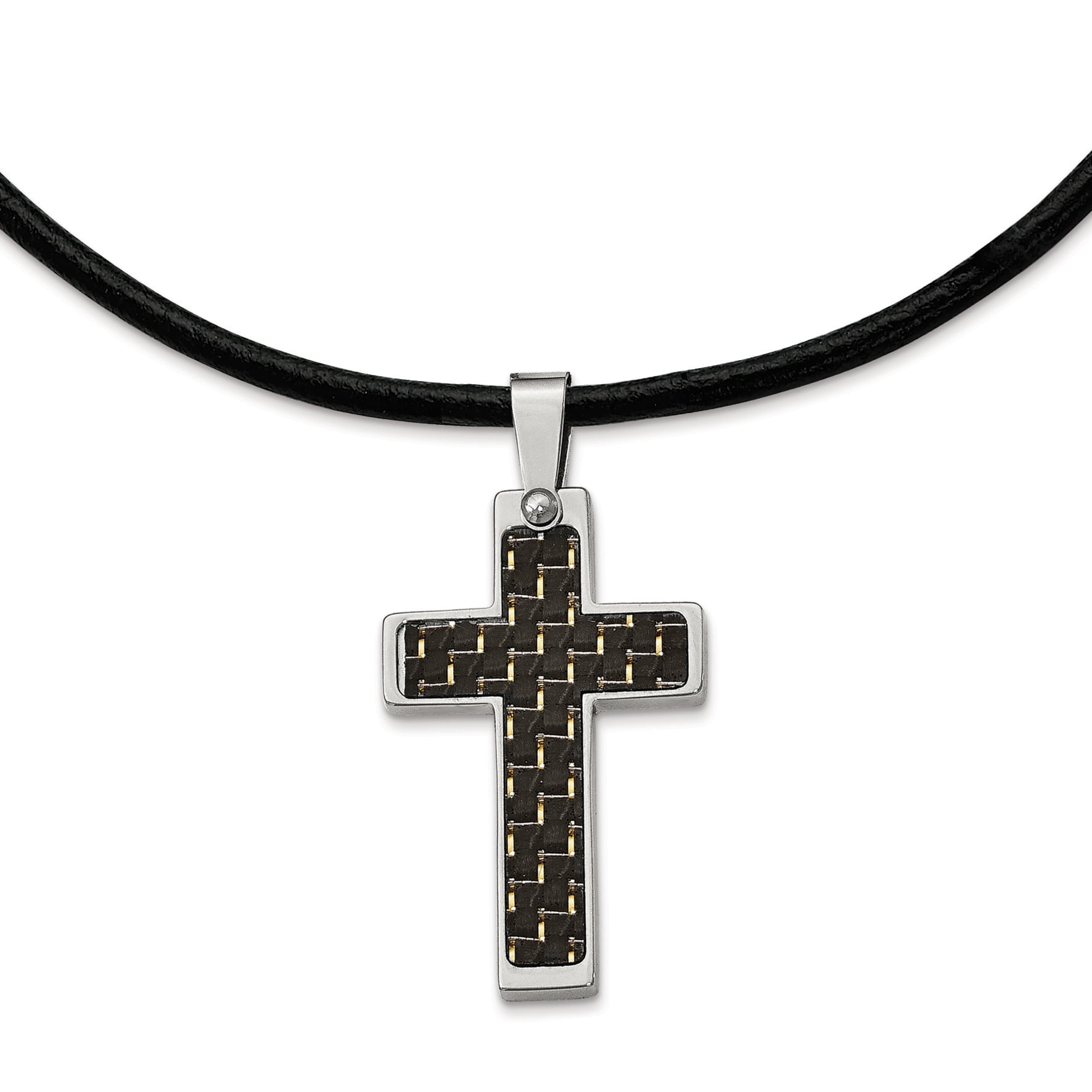Stainless Steel with Black Carbon Fiber Inlay Cross Pendant Chain Necklace 