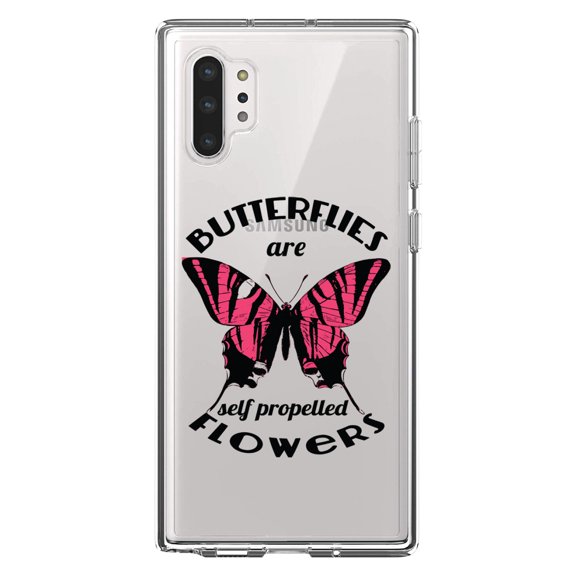 DistinctInk Clear Shockproof Hybrid Case for Galaxy Note 10 PLUS (6.8" Screen) - TPU Bumper Acrylic Back Tempered Glass Screen Protector - Butterflies are Self Propelled Flowers