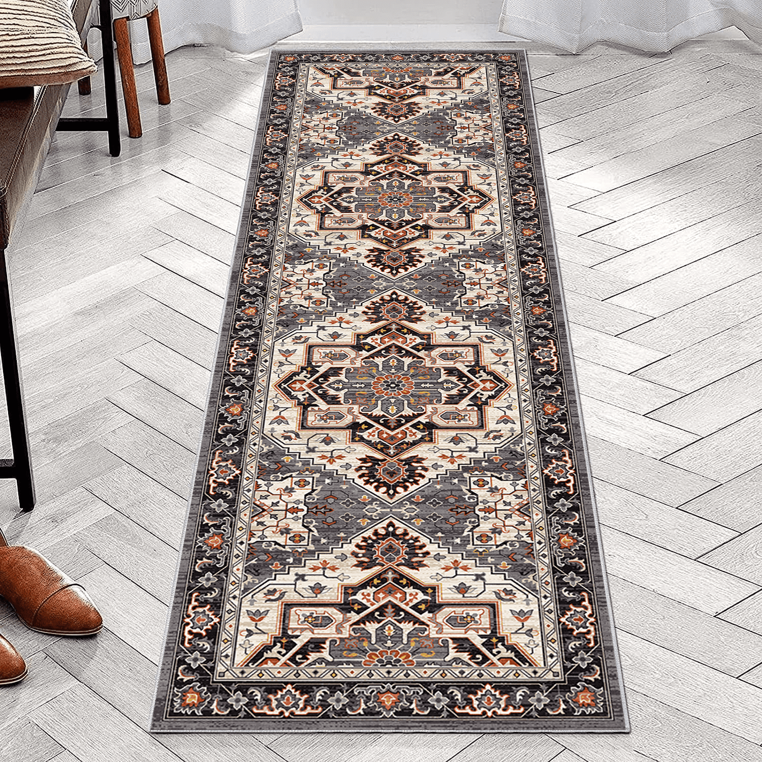 TECHVIDA 2'x6' Hallway Runner Rug Boho,Non Slip Machine Washable Rugs for Hallway Kitchen,Brownish Black