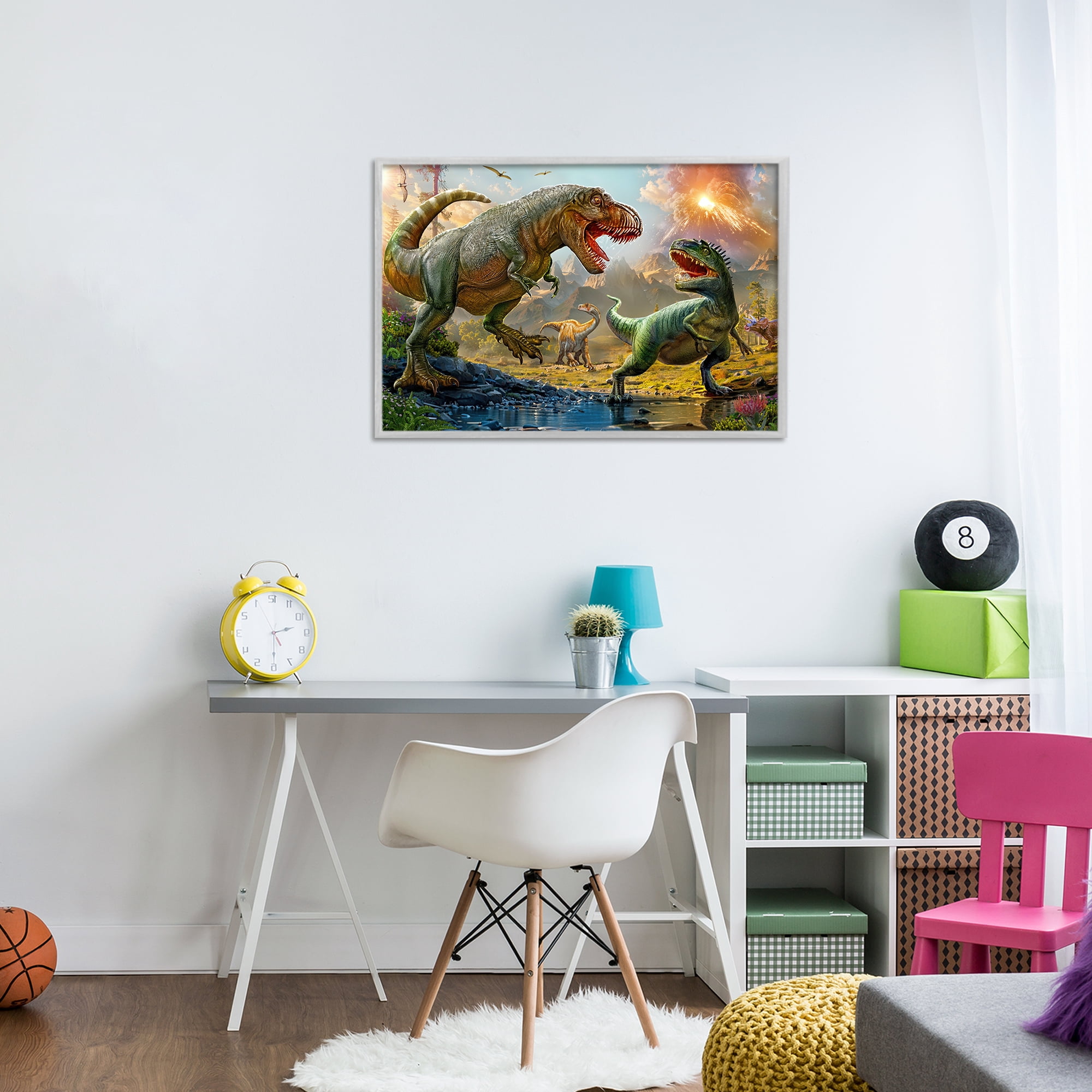 Stupell Industries T-Rex Encounter at Riverbank Gray Framed Giclee Art, design by Henriette Chinaglia