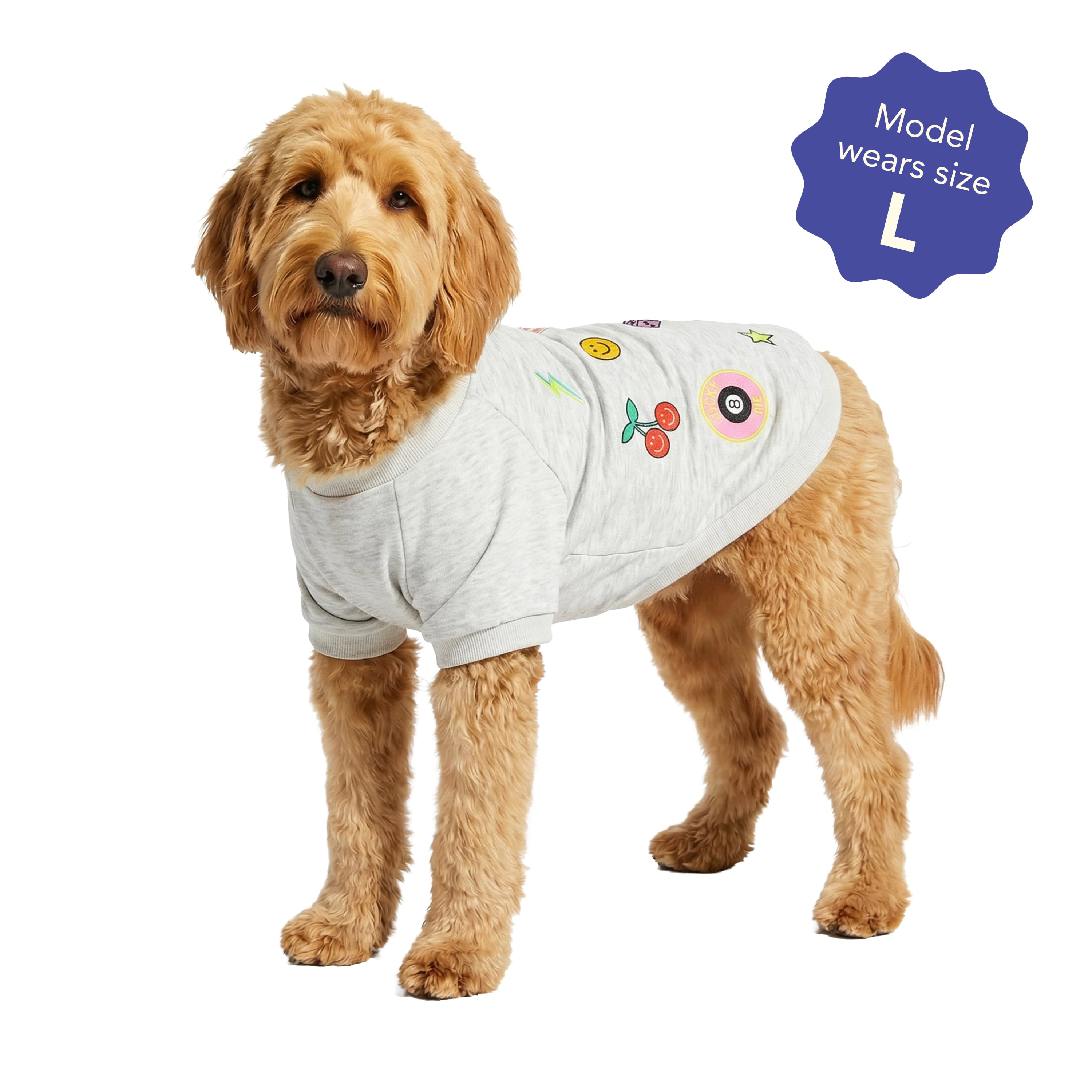 Oodles Gray Retro Patches Spring Dog Sweatshirt, Large