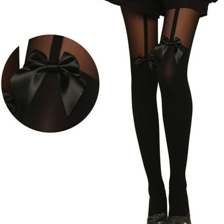 

MRULIC socks for women Bow Pantyhose Bow Suspender Tights Vintage Stockings Mock Sheer Socks Black + One size
