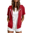 thumbnail image 3 of Husipze Short Sleeve Hoodies for Women Zip Up Casual Fashion Sports Drawstring Sweatshirt Jacket with Pocket Red M, 3 of 9