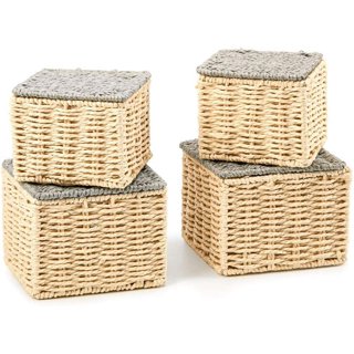 Jucoan 3 Pack Plastic Storage Basket with Lid, 9.5 x 7.5 x 5.5 Inches  Stackable Woven Basket Organizer Bins, Lidded Classroom Storage Baskets for