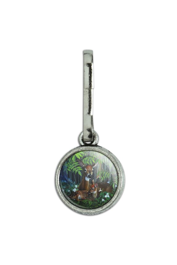 Doe Deer and Fawn Baby Antiqued Charm Clothes Purse Suitcase Backpack Zipper Pull Aid