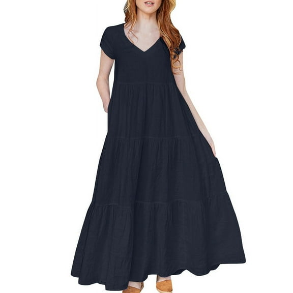 ZANZEA Womens Summer Short Sleeve V Neck Tiered A Line Long Dress Casual Loose Sundress