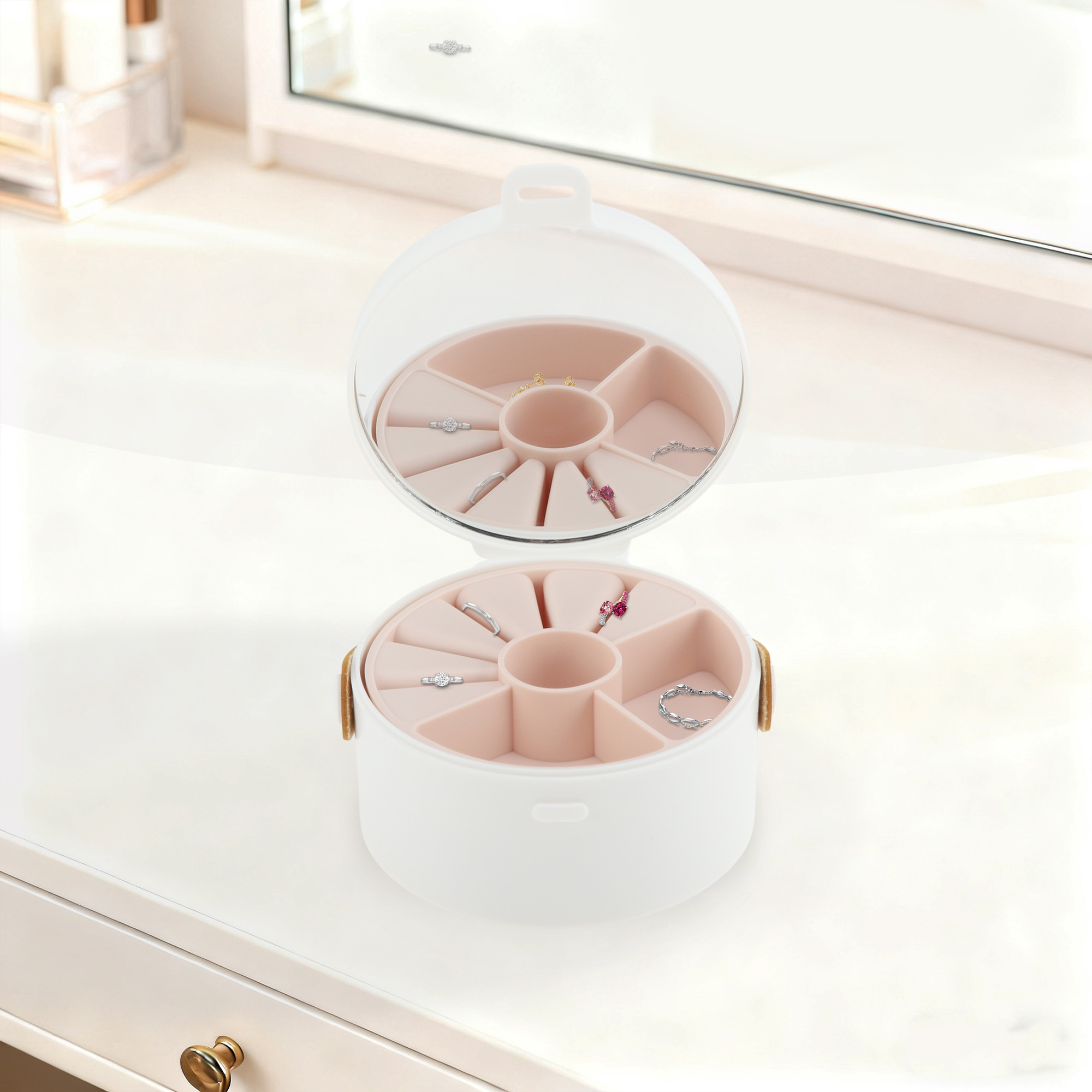 Unique Bargains Elegant Round Multi-Function Jewelry Box Organizer White