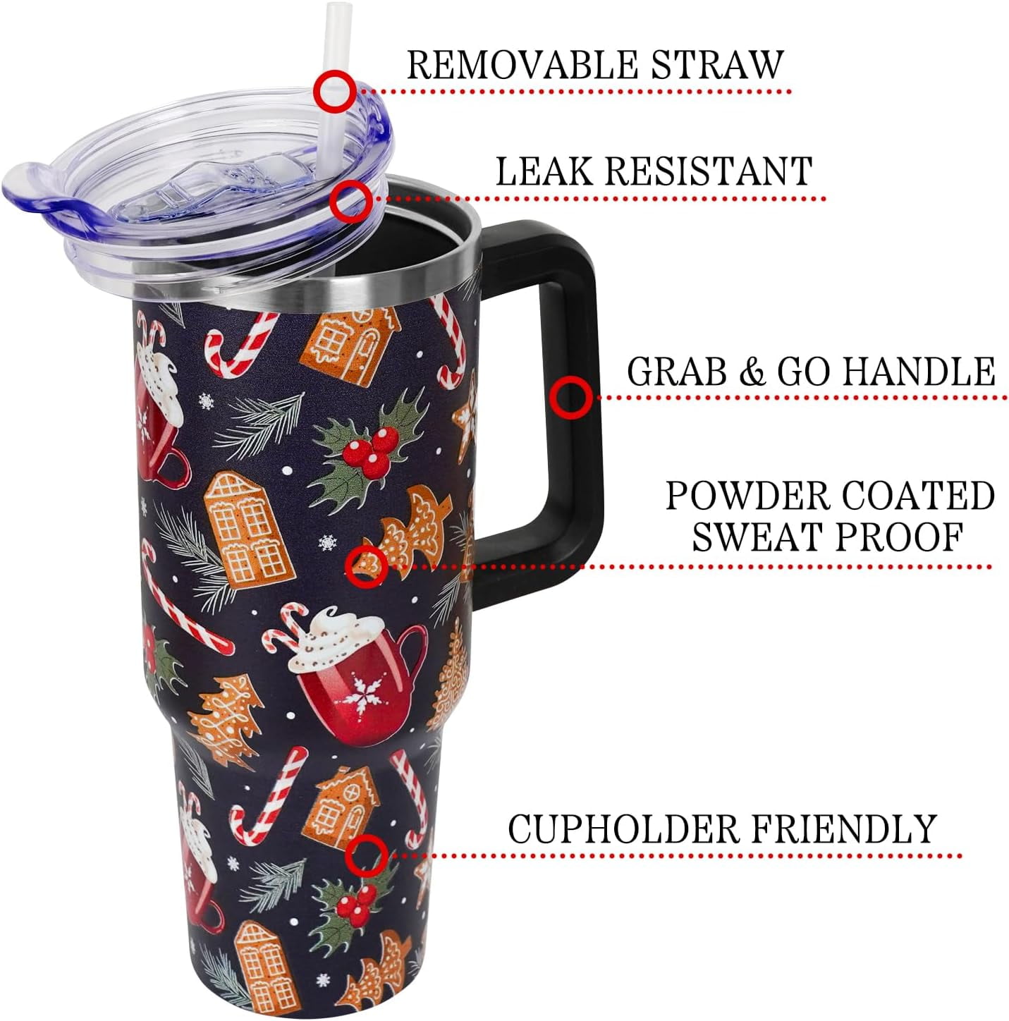 Christmas Tumbler with Handle and Straw Lid 40 oz,Cute Christmas Gifts for Women Gingerbread House Vacuum Insulated Leak Proof Tumbler,Winter Holiday Accessories Stainless Steel Coffee Cup Mug