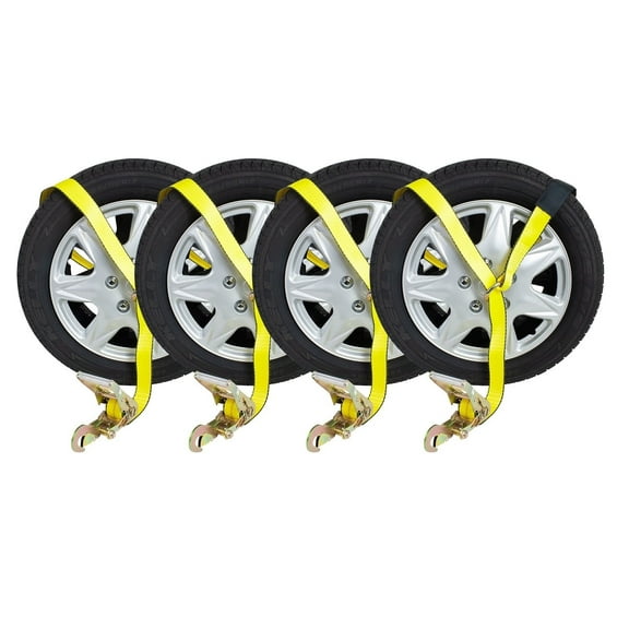 Mytee Products (4 Pk) Auto Car Haul Flatbed Tie Down Kit Lasso Wheel Ratchet Strap w Snap Hook