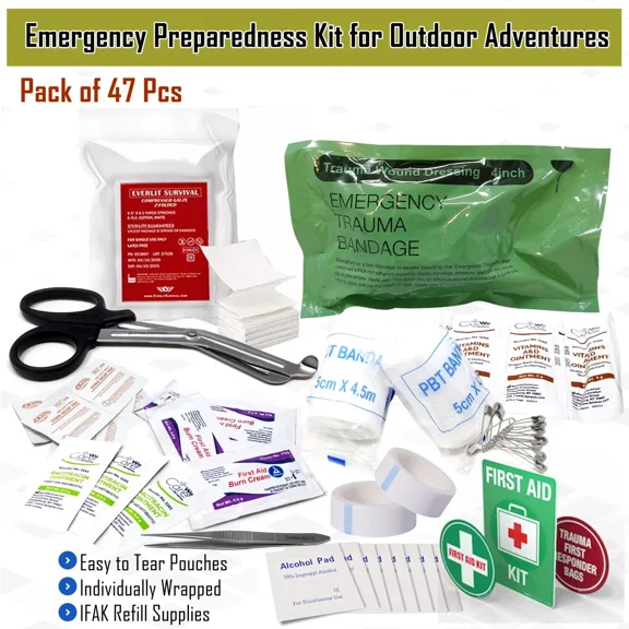 47 Pcs First Aid Essential Items For Your IFAK Band-aids, Swabs, Gauze, Ointment, Tape Scissors and More