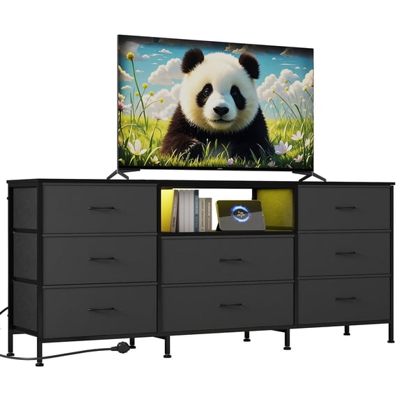 Mueble TV moderno con LED - 8 cajones de tela, estructura de acero, organizador para salón o dormitorio, apto para TV de 65-75'', gran capacidad de almacenaje, color gris oscuro, Estados Unidos