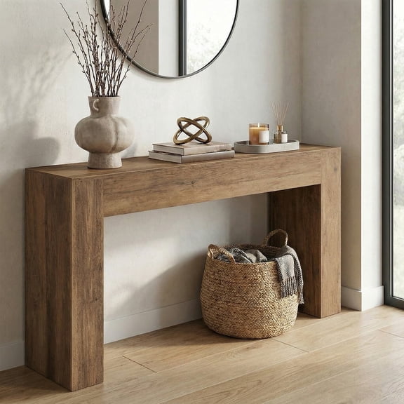LEDREM Long Console Table, Farmhouse Entryway Table with Thick Top, U-Shaped Design for Hallway Behind Couch Living Room, 63" Wide, Honey Brown