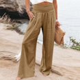 thumbnail image 2 of Linen Pants for Women Wide Leg High Waisted Palazzo 2024 Summer Beach Boho Smocked Trousers Lounge with Pockets, Khaki S, 2 of 7