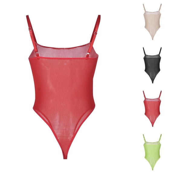Hkoxplj Women's Sheer Mesh Thong Bodysuit Spaghetti Strap Square Neck See Through High Stretch Slim Fit Solid Color Bodysuit with Adjustable Straps Club Nightwear Party Outfit for Women