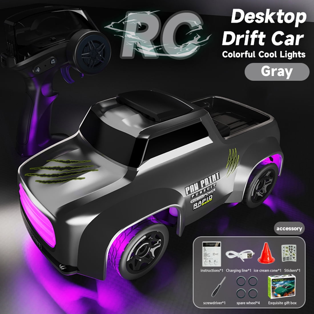 1:64 Mini RC Drift Car with LED Light, 4WD High-Speed Remote Control Car Model, 2.4GHz Full Proportional Desktop Racing Vehicle Toy Gift for Enthusiasts