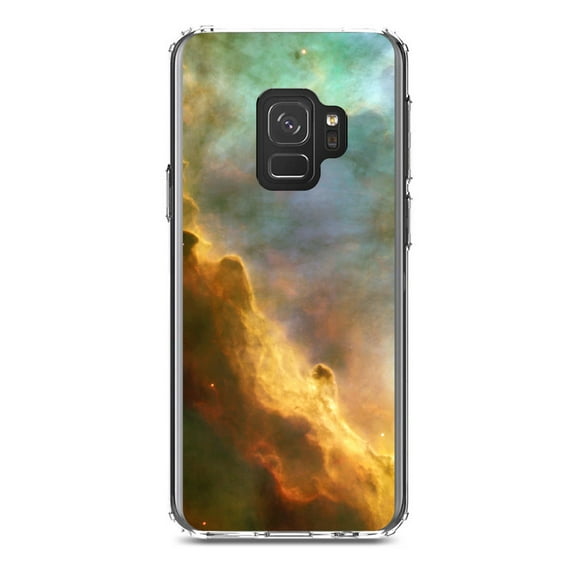 DistinctInk Clear Shockproof Hybrid Case for Samsung Galaxy S9 (5.8" Screen) - TPU Bumper, Acrylic Back, Tempered Glass Screen Protector - Blue Orange Red Omega Nebula - Astronomy