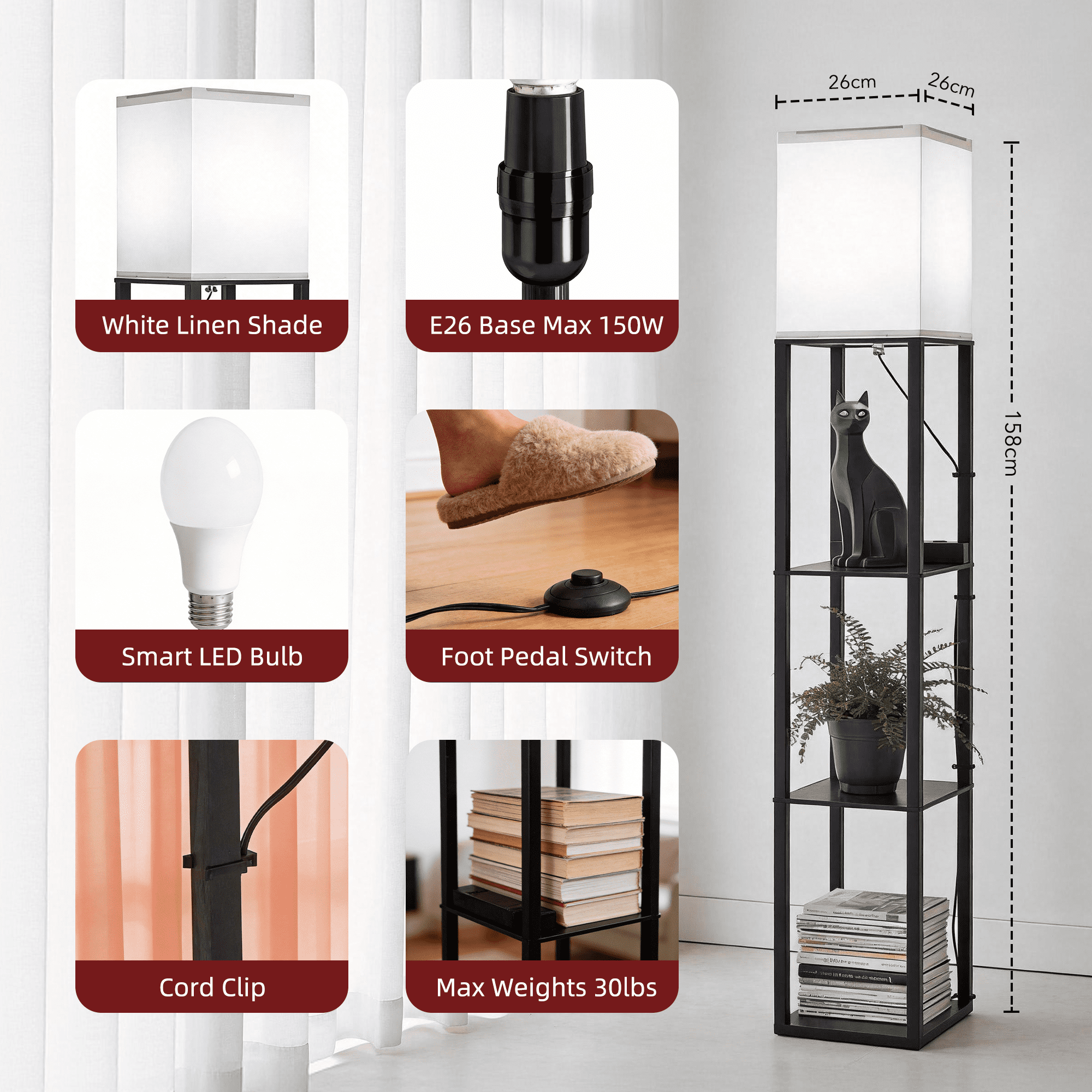 Homechoose Modern Shelf Floor Lamp with Charging Station, Stepless Dimming, Remote & App Control, 3-Tier Storage, 2500K–6000K Adjustable, Walnut Black