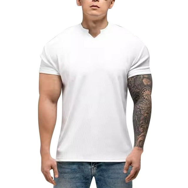 Binmer Men's Solid Color V-neck T-shirt With Elastic Breathable And Fashionable Short Sleeves
