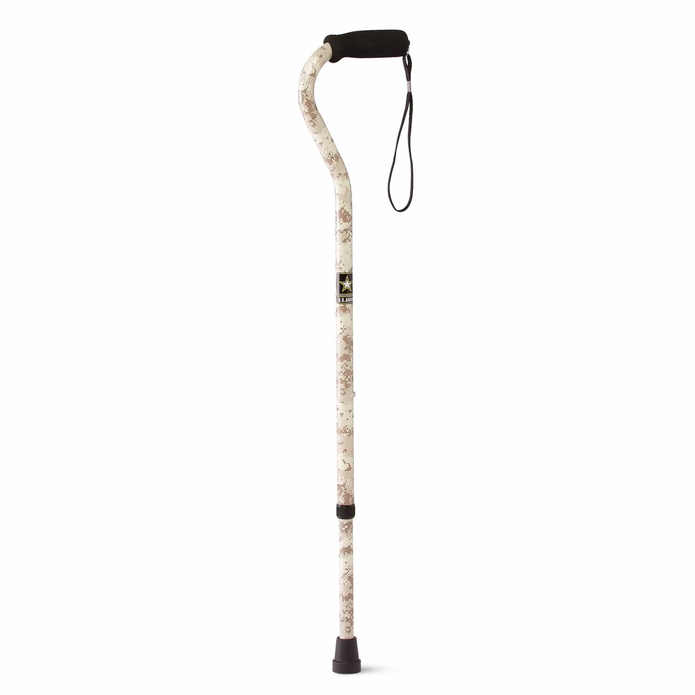 Medline U.S Army Offset Walking Cane, Aluminum Cane with Foam Handle & Wrist Strap, Camo Pattern