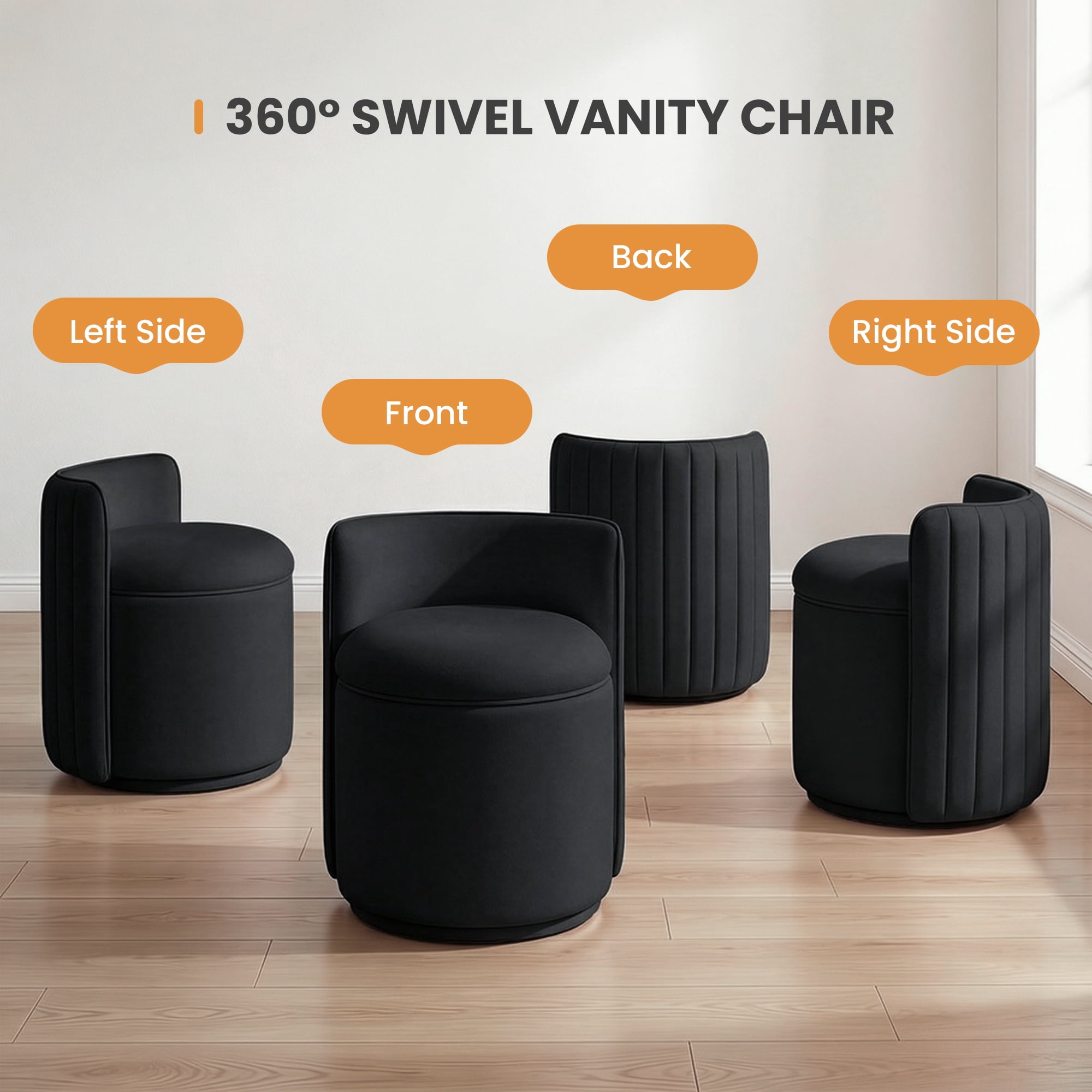 ATHOPE Vanity Chair with Storage, Velvet 360° Swivel Chair with Back, Modern Round Upholstered Bedroom Chair, Comfy Makeup Chair for Dressing, Living Room, No Assembly Required, Black