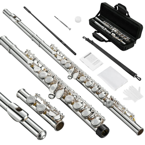 POGOLAB Open Hole C Flute Silver Plated 16 Keys Flute Instrument for Beginner Advanced Player Student Flute with Case Strap Probe Rod Gloves Grease Adjustment Screwdriver Cleaning Kit