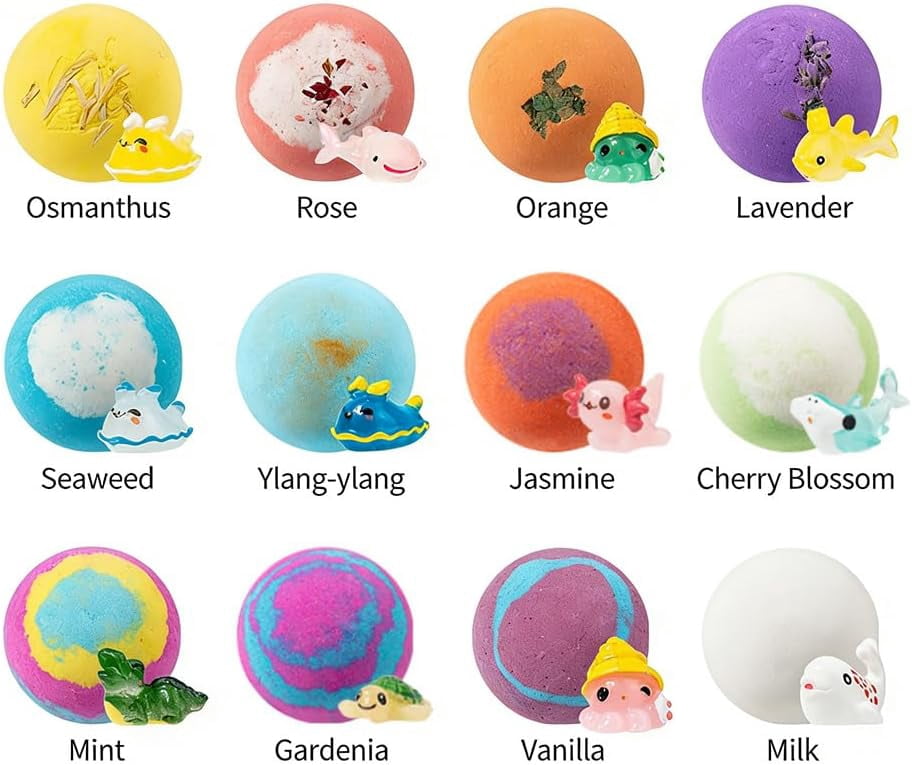 Easter Bath Bombs with Surprise Inside, 12 Pack Fizzy Bubble Bath Gift Set, Dinosaur Egg & Ocean Theme Bath Fizzies, Natural Sea Salt Color Changing Spa Balls