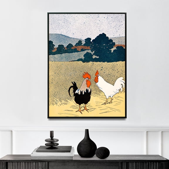 Two Roosters in a Field - 1898 | Edward Penfield | Premium Fine Art Print | 19th Century American | Illustration, American Golden Age | Portrait