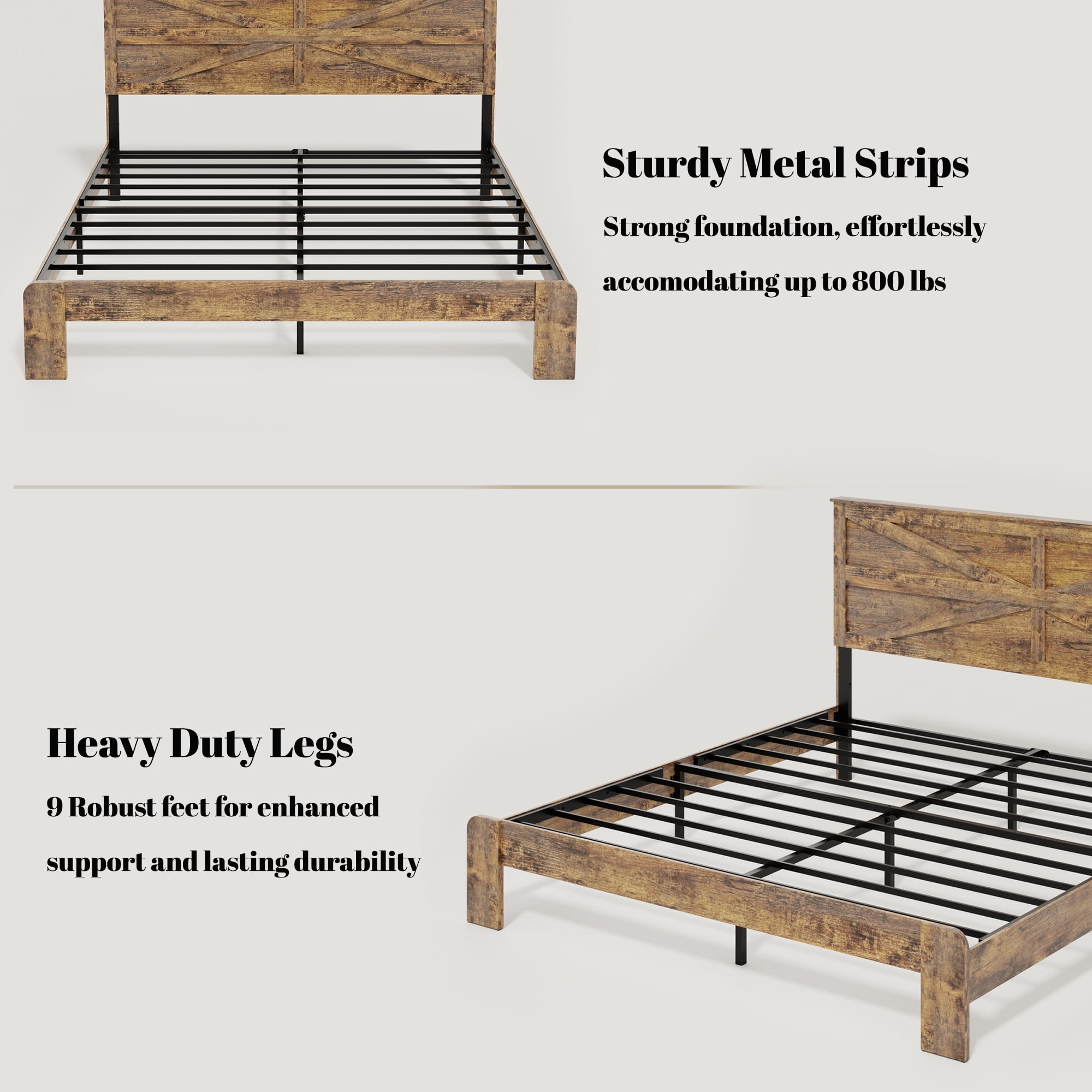 King Size Farmhouse Wooden Bed Frame with Headboard, Boho Platform Bedframe Sturdy Metal Slats Support, No Spring Mattress , Silent Operation, Easy Assembly (King, Brown)